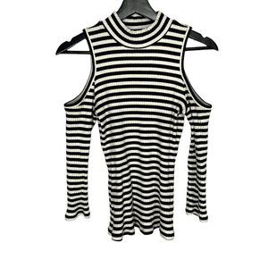 Boston Proper Black White Stripe Ribbed Cold Shoulder High Neck Long Sleeve Top